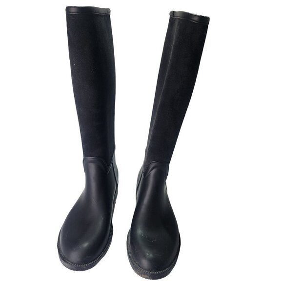 London Fog Mixed Media Flocked Leather & Rubber Knee High Boots Black Size 9-9.5 - Picture 2 of 12
